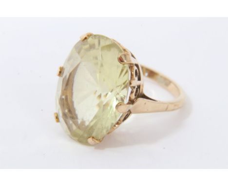 Gold 9ct pale yellow/green large oval faceted stone cocktail ring, size KCondition report: Weight approximately 6.3g