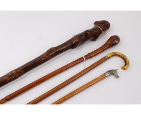 Early 20th century "Natural" walking stick, possibly Holly, 92cm, together with an cane swagger stick with white metal horse'