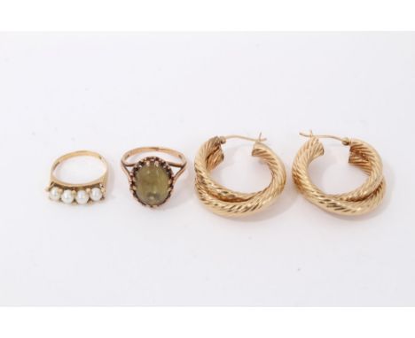 Gold (9ct) four cultured pearl ring, size J½, gold (9ct) oval quartz ring, size M and pair of gold (9ct) double hoop earrings