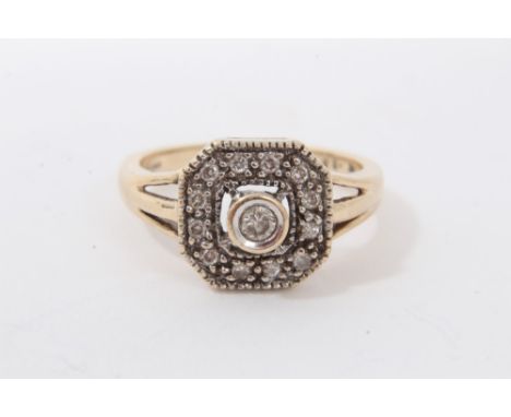 Art Deco style 9ct gold and diamond cluster ring with octagonal bezel on 9ct gold shank, estimated total diamond weight appro