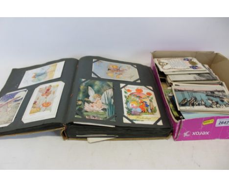 Postcard albums together with loose cards, including fairies, bonzo x4, Louis Wain, military, topography, foreign etc. Plus s