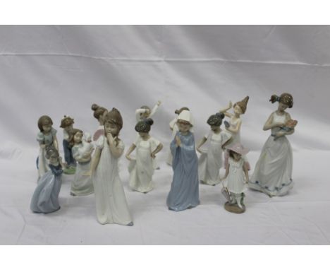 Fourteen NAO porcelain figures including girl with lamb, girl with hand mirror and girl with flowers