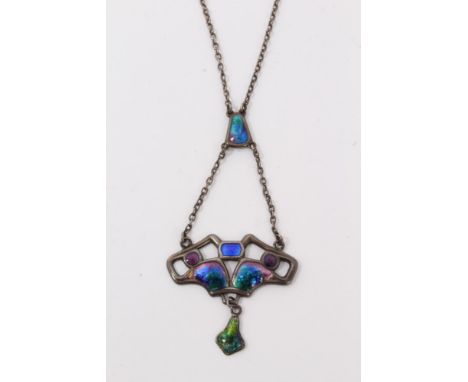 Charles Horner Art Nouveau silver and enamel pendant necklace, hallmarked Chester 1908, 26cm longCondition report: Tiny areas