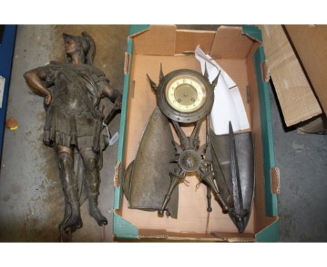 An impressive late 19th century spelter clock formed as a warrior with trophy of arms, on shaped slate base - disassembled