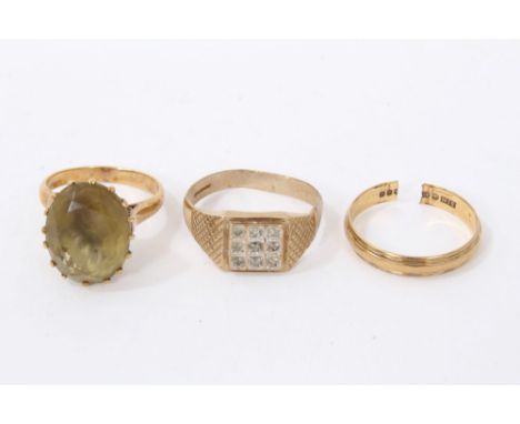 Three gold 9ct rings to include quartz cocktail ring, diamond set ring and a wedding ringCondition report: Wedding ring- shan