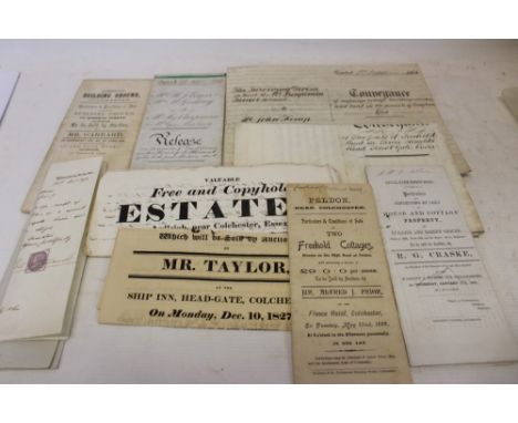 Collection of Georgian and Victorian Colchester related auctioneers sale particulars including poster and 1864 cottage garden