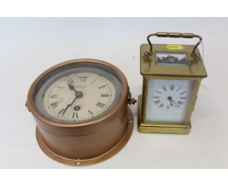 Smiths 8 Day ship’s clock in painted metal case, and French brass carriage clock with enamel dial (2).
