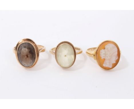 Two gold 9ct oval quartz cocktail rings and gold cameo ring (3)Condition report: Total gross weight approximately 13g