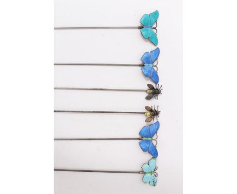 Pair silver and enamel novelty bee hat pins and four silver blue enamel butterfly hat pins (6)