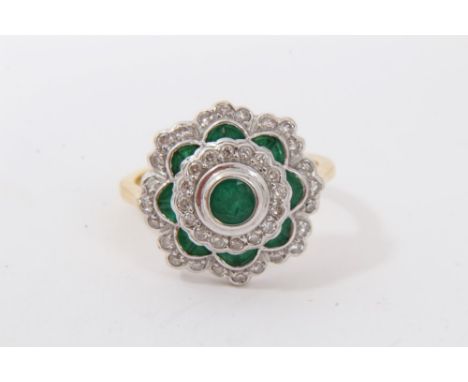 Gold 18ct emerald and diamond cluster ring, size M½Condition report: Weight approximately 7.2g