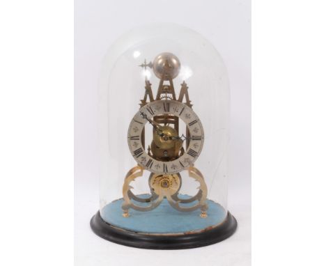 Late 19th / early 20th century brass skeleton clock with single fusee movement striking on bell under glass dome (cracked), t