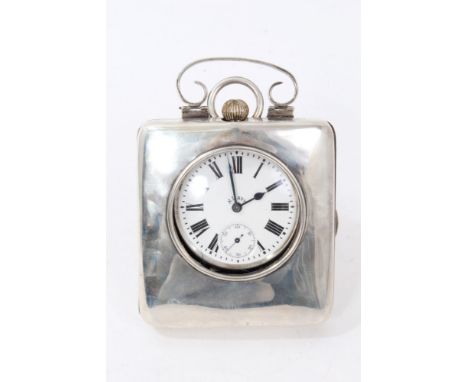 Edwardian Goliath type travelling watch with eight day movement in silver easel back case