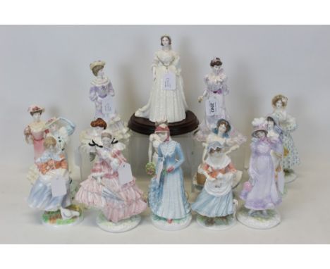 Group of fifteen figures - Royal Worcester - Old Country Ways, Milkmaid, Rosie picking apples, Shepherdess, a Farmers wife, 1