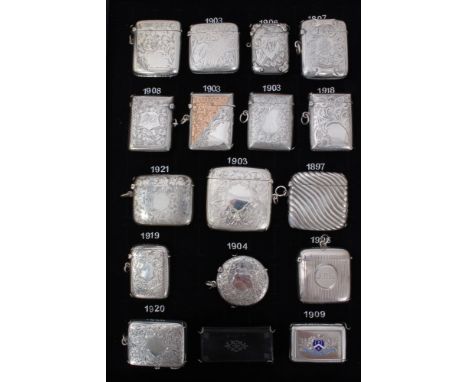 Collection sixteen late Victorian and later silver vesta cases including enamel armorial example and papier mache vesta (17)