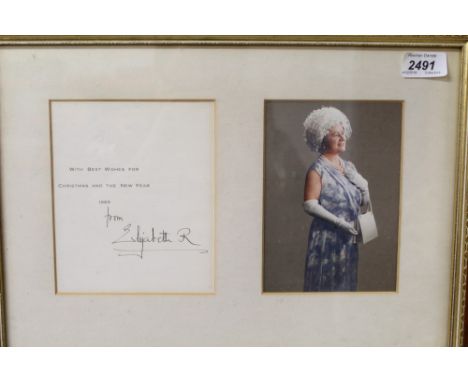 H.R.H. Queen Elizabeth the queen mother, official signed Christmas card, 1965, hand signed ‘from Elizabeth R’. In glazed fram
