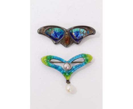Charles Horner Art Nouveau silver and enamel brooch and one other similar style brooch with a suspended cultured pearl drop (