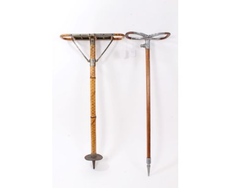 Late 19th/early 20th Bamboo shooting stick with folding Rattan seat and metal fittings stamped Btt S.G.D.G engraved initial M