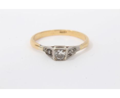 Art Deco gold 18ct diamond ring with single stone old cut diamond in square setting, with diamond set shoulders. Size O½Condi