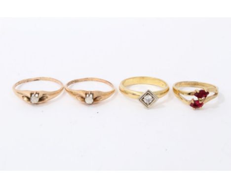 Diamond single stone ring, size O, two 14k gold plated synthetic white stone rings and one other ring set with two synthetic 