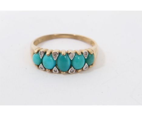 Gold 9ct turquoise five stone ring with diamond accents to the claws, ring size Q½Condition report: Weight 2.6g