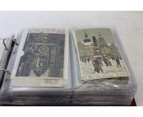 Postcards in album including early mechcanical clock, Gruss Aus, coloured vignettes, American cards, glamour and real photogr