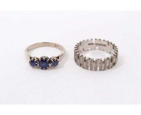 White gold 18ct sapphire three stone ring, size M and white gold 18ct textured band ring, size N (2)Condition report: Total g