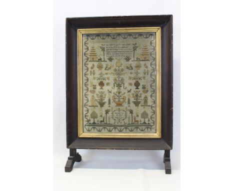 George IV period needlework sampler depicting figures, flowers and verse by Elizabeth Trill Aged 8 Years 1829, in glazed fram