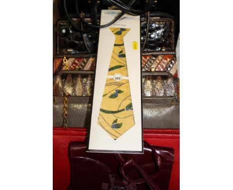 Five vintage snakeskin handbags, one crocodile leather handbag and two others, plus Armani silk tie unused in tie pouch.