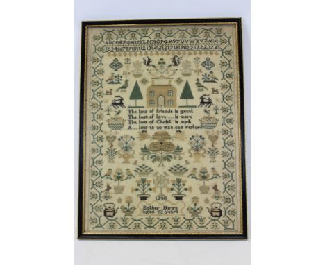 Early Victorian Sampler with name Ester Nunn and date 1840