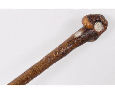 Unusual First World War period natural hazel walking stick, inset with Edward VII and George V silver coins, 90cm overall len