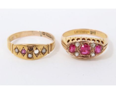 Gold 9ct synthetic ruby and diamond ring and Victorian gold 15ct seed pearl ring (stones missing), both size RCondition repor