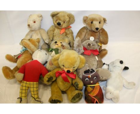 Collection of contemporary teddy bears and soft toys including two Paddingtons by Gabrielle, one in evening dress. Boxed Bull