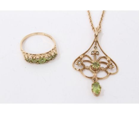 Edwardian gold 9ct peridot and seed pearl open work pendant on gold 9ct chain and similar gold 9ct five stone ring, size MCon