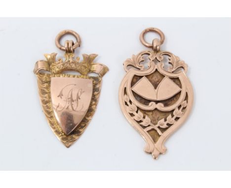 Two 9ct gold canary fancier medals, shield form, the first engraved to ‘Scottish Roller Canary Club, Old Bird Class 1917, won