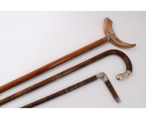 Victorian Malacca walking stick with silver collar and boar's tusk handle with silver end cap (London 1889) together with an 