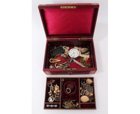 Victorian red leather jewellery box containing antique locket pendants, hardstone fob, garnet cluster brooch, antique brooche