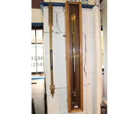 Mid 20th century brass cased stick barometer by W &amp; J George &amp; Becker Ltd, suspended in a pine hanging display case w