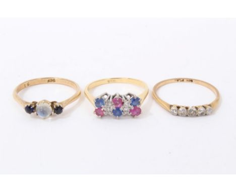 Three gold gem set rings to include gold 18ct multi gem cluster ring, size O, gold 9ct diamond five stone ring, size Q and go