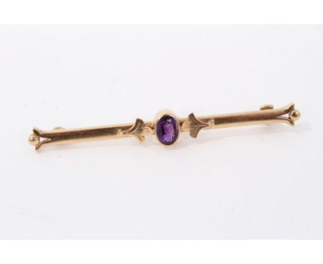Gold (9ct) amethyst bar brooch, 62mmCondition report: Weight 4.4g