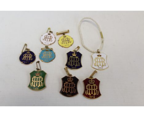Collection of nine Royal Henley Regatta enamel badges, 1974-75, 1977-1983