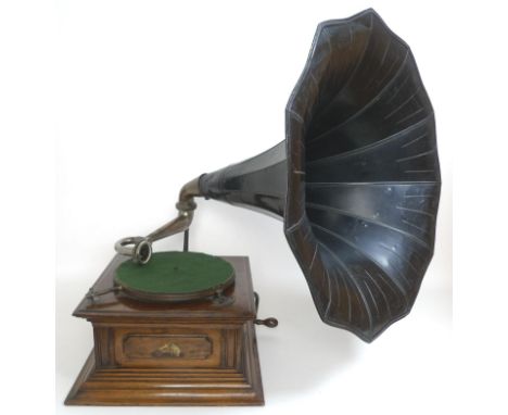 An Edwardian His Master Voice Monarch Junior Gramophone, The Gramophone Co. Ltd. London, oak cased with black painted tin hor