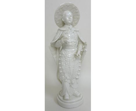 A modern Chinese blanc de chine figure, modelled as a young warrior with sword, straw hat, and bow and arrow.  13cm by 9cm by