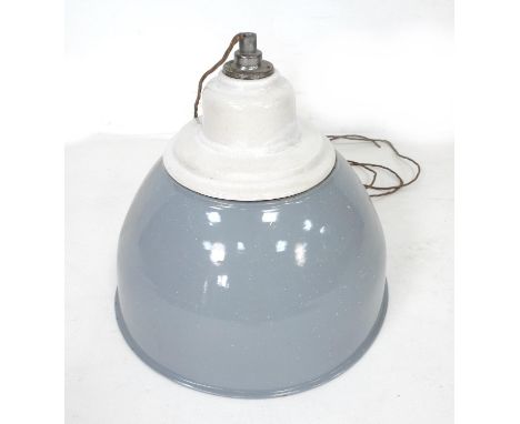 An vintage industrial pendant light, by Benjamin, with white painted and steel fittings and grey enamel shade, cast 'Benjamin