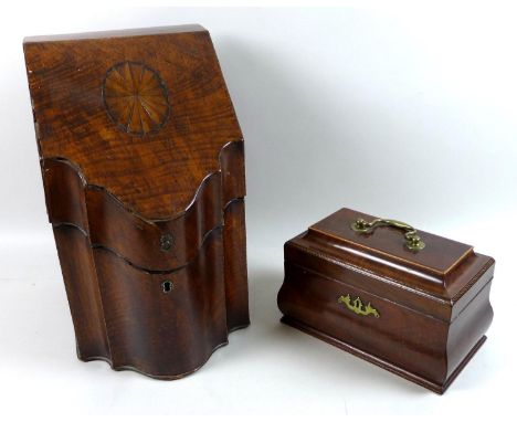 A Georgian mahogany knife box, with fan patera and line inlaid decoration, 23.5 by 30 by 38.5cm, together with a 19th century