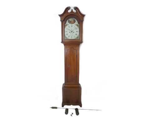 A 19th century oak longcase clock, William Lee, Northampton, painted white dial, twin train striking on a bell, with two weig