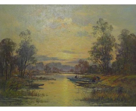 Eugene Demester (French, 20th century): 'Evening Light, Sologne Woods, France', an evening river scene, oil on board, signed 