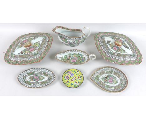 A collection of modern Chinese Canton porcelain, including a pair of tureens with covers, a gravy boat with stand, a second s