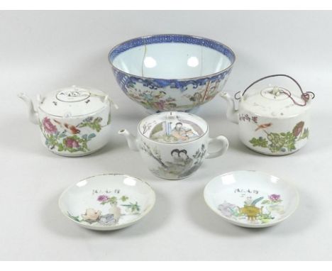 A collection of Chinese porcelain, including three Chinese Republic era tea pots, each painted with figures or foliage and in