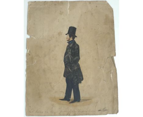 A Victorian watercolour full length portrait, title below 'Edw Robbins his likeness presented by him to Miss Gelina, Oct 26 1