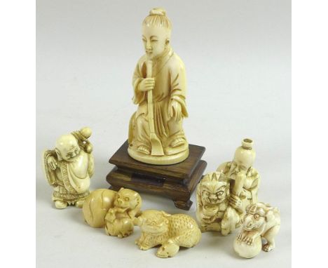 A group of six Japanese ivory katabori netsuke, Meiji period, comprising Oni seated holding a bowl and a club, two carved as 